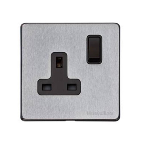 1 Gang 13A Switched Single Socket Screwless Vintage Satin Chrome Plate Black Switch and Trim