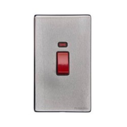 45A Cooker Switch with Neon Twin/Tall Plate Screwless Vintage Satin Chrome Plate Red Rocker Black Trim