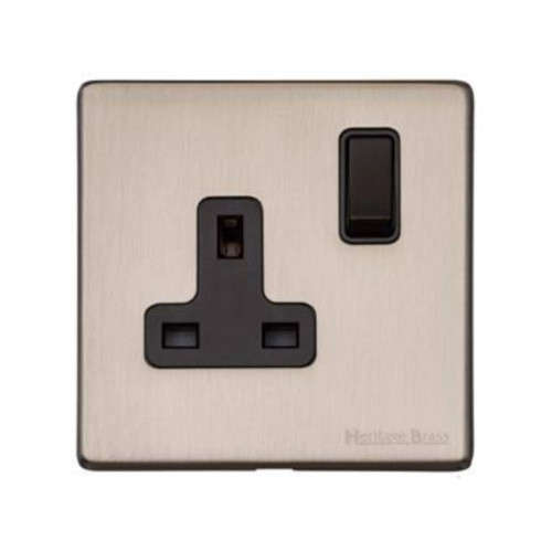 1 Gang 13A Switched Single Socket Screwless Vintage Satin Nickel Plate Black Switch and Trim