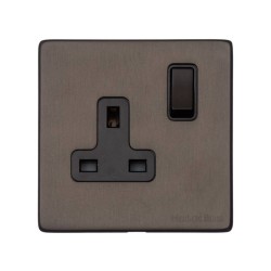 1 Gang 13A Switched Single Socket Screwless Vintage Matt Bronze Plate with a Black Switch and Trim