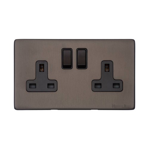 2 Gang 13A Switched Twin Socket Screwless Vintage Matt Bronze Plate with a Black Switch and Trim