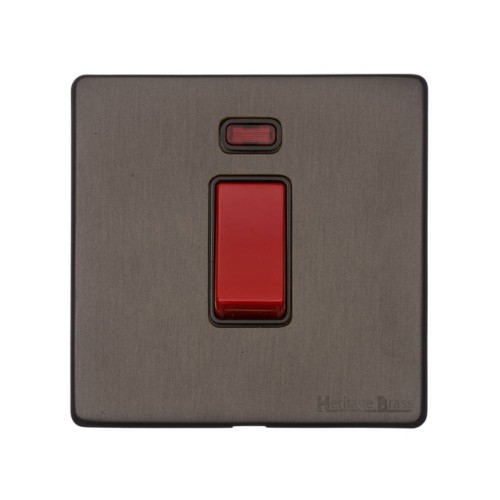 1 Gang 45A Red Rocker Cooker Switch with Neon on a Single Plate Screwless Vintage Matt Bronze Plate with a Black Trim
