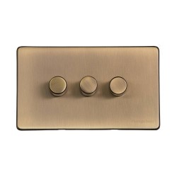 3 Gang 2 Way Trailing Edge LED Dimmer 10-120W Screwless Vintage Antique Brass Plate