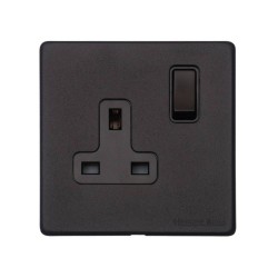 1 Gang 13A Switched Single Socket Screwless Vintage Matt Black Plate with a Black Switch and Trim