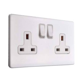 2 Gang 13A Switched Twin Socket Screwless Vintage Gloss White Plate with a White Switch and Trim