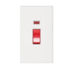 45A Cooker Switch with Neon Twin/Tall Plate Screwless Vintage Gloss White Plate Red Rocker White Trim