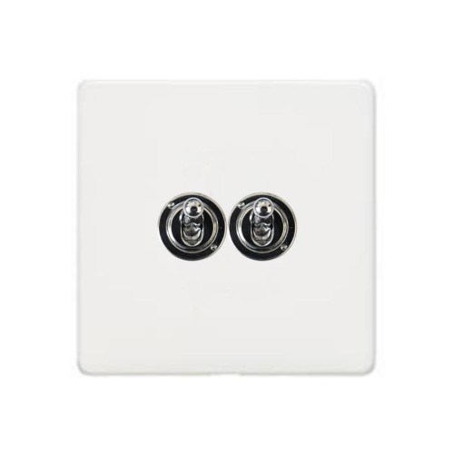 2 Gang 2 Way 20A Dolly Switch Screwless Vintage Gloss White Plate and Polished Chrome Toggle Switches