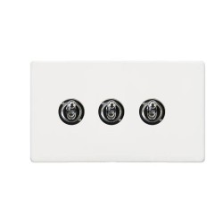 3 Gang 2 Way 20A Dolly Switch Screwless Vintage Gloss White Plate and Polished Chrome Toggle Switches
