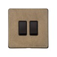 2 Gang 2 Way 10A Rocker Switch Screwless Vintage Rustic Brass Plate with Black Plastic Rockers and Trim