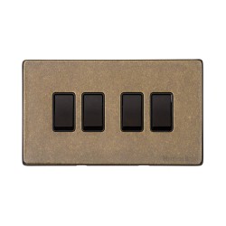 4 Gang 2 Way 10A Rocker Switch Screwless Vintage Rustic Brass Plate with Black Plastic Rockers and Trim