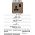 1 Gang 13A Switched Single Socket Screwless Vintage Rustic Brass Plate with a Black Switch and Trim