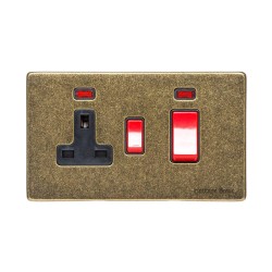 45A Cooker Unit with a 13A Switched Socket and Neon Indicators Screwless Vintage Rustic Brass Plate with a Black Trim and Switch