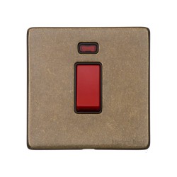 1 Gang 45A Red Rocker Cooker Switch with Neon on a Single Plate Screwless Vintage Rustic Brass Plate with a Black Trim