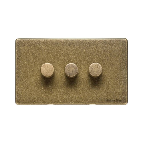 3 Gang 2 Way Trailing Edge LED Dimmer 10-120W Screwless Vintage Rustic Brass Plate