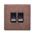 2 Gang 2 Way 10A Rocker Switch Screwless Vintage Rustic Copper Plate with Black Plastic Rockers and Trim