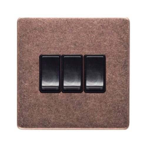 3 Gang 2 Way 10A Rocker Switch Screwless Vintage Rustic Copper Plate with Black Plastic Rockers and Trim