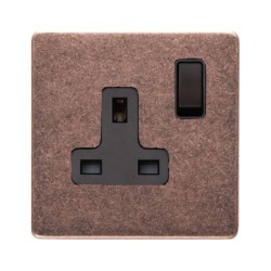 1 Gang 13A Switched Single Socket Screwless Vintage Rustic Copper Plate with a Black Switch and Trim