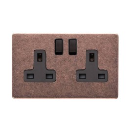 2 Gang 13A Switched Twin Socket Screwless Vintage Rustic Copper Plate with a Black Switch and Trim