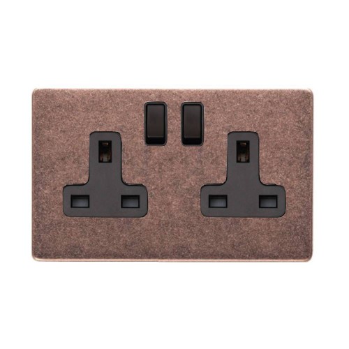 2 Gang 13A Switched Twin Socket Screwless Vintage Rustic Copper Plate with a Black Switch and Trim