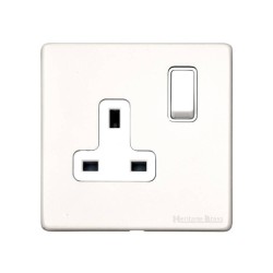 1 Gang 13A Switched Single Socket Screwless Vintage Matt White Plate with a White Switch and Trim