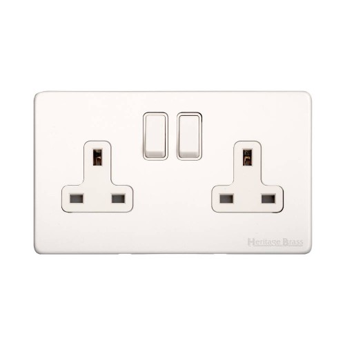 2 Gang 13A Switched Twin Socket Screwless Vintage Matt White Plate with a White Switch and Trim