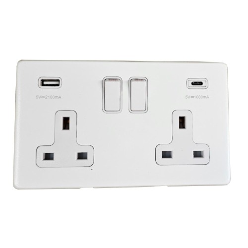 2 Gang 13A Switched Socket with 2 USB type A+C Sockets Matt White Screwless Plate White Trim, Mode White