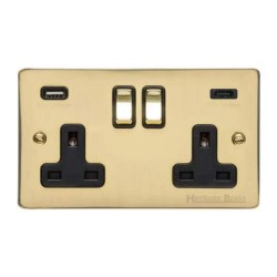 2 Gang 13A Socket with 2 USB Type A+C Socket Outlets Polished Brass Elite Flat Plate and Rockers with Black Plastic Insert