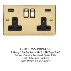 2 Gang 13A Socket with 2 USB Type A+C Socket Outlets Polished Brass Elite Flat Plate and Rockers with White Plastic Insert