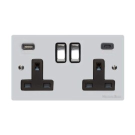 2 Gang 13A Socket with 2 USB Type A+C Sockets Polished Chrome Elite Flat Plate and Rocker and Black Plastic Insert