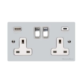 2 Gang 13A Socket with 2 USB Type A+C Sockets Polished Chrome Elite Flat Plate and Rocker and White Plastic Insert