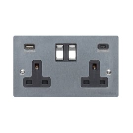 2 Gang 13A Socket with 2 USB Type A+C Sockets Satin Chrome Elite Flat Plate and Rocker with Black Plastic Insert
