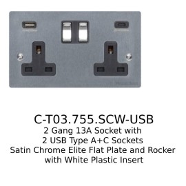 2 Gang 13A Socket with 2 USB Type A+C Sockets Satin Chrome Elite Flat Plate and Rocker with White Plastic Insert
