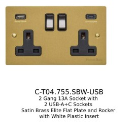 2 Gang 13A Socket with 2 USB-A+C Sockets Satin Brass Elite Flat Plate and Rocker with White Plastic Insert