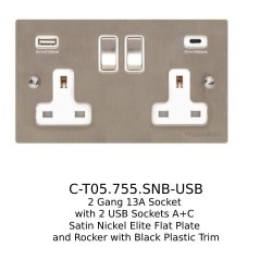 2 Gang 13A Socket with 2 USB Sockets A+C Satin Nickel Elite Flat Plate and Rocker with Black Plastic Trim