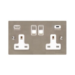 2 Gang 13A Socket with 2 USB Sockets A+C Satin Nickel Elite Flat Plate and Rocker with White Plastic Trim