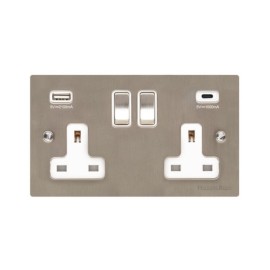 2 Gang 13A Socket with 2 USB Sockets A+C Satin Nickel Elite Flat Plate and Rocker with White Plastic Trim