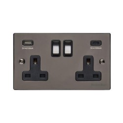 2 Gang 13A Socket with 2 USB Type A+C Sockets in Polished Black Nickel Flat Plate with Black Trim, Elite Flat Plate