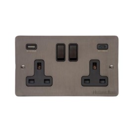 2 Gang 13A Socket with 2 USB Type A+C Sockets in Matt Bronze Flat Plate with Black Trim, Elite Flat Plate