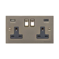 2 Gang 13A Socket with 2 USB Socket Type A+C Antique Brass Elite Flat Plate with Black Trim