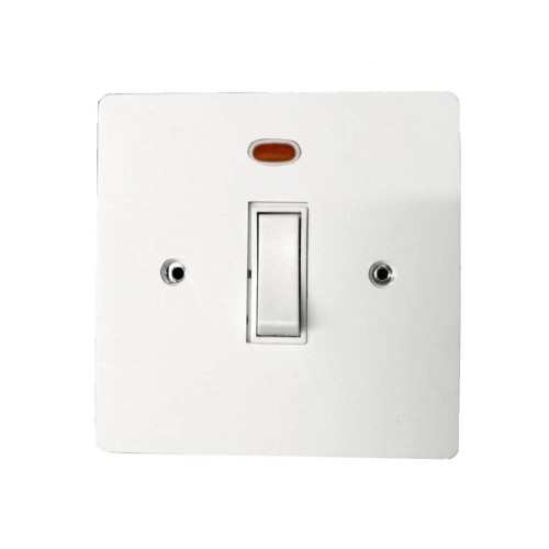 Primed White 1 Gang 45A Double Pole Switch with Neon Indicator, Paintable Flat Plate with Screws