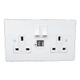 Primed White 2 Gang 13A Socket with 2 USB Sockets Flat Plate Paintable and White Trim (with Screws)