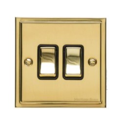 2 Gang 2 Way 10A Rocker Switch in Polished Brass and Black Trim Elite Stepped Flat Plate
