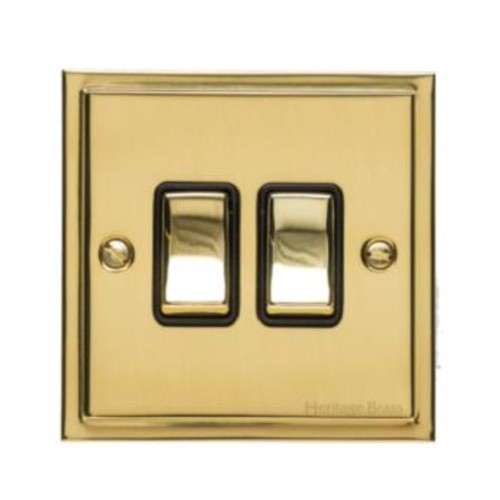 2 Gang 2 Way 10A Rocker Switch in Polished Brass and Black Trim Elite Stepped Flat Plate