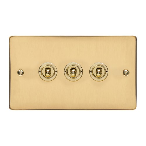 3 Gang 2 Way 20A Triple Dolly Switch in Polished Brass Flat Plate and Toggle, Elite Flat Plate