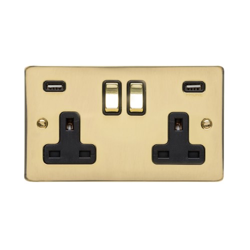 2 Gang 13A Socket with 2 USB Socket Outlets Polished Brass Elite Flat Plate and Rockers with Black Plastic Insert