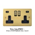 2 Gang 13A Socket with 2 USB Socket Outlets Polished Brass Elite Flat Plate and Rockers with White Plastic Insert