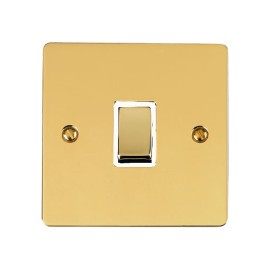 1 Gang 2 Way 10A Rocker Switch in Polished Brass Plate and Switch with White Plastic Trim, Elite Flat Plate