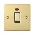 1 Gang 20A Double Pole Switch with Neon in Polished Brass Plate and Switch with Black Trim, Elite Flat Plate