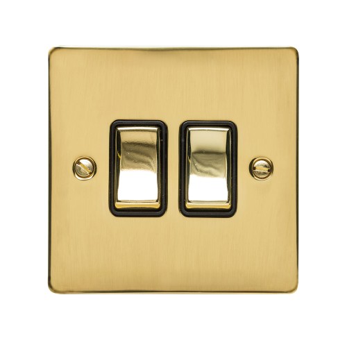 2 Gang 2 Way 10A Rocker Switch in Polished Brass Plate and Switch with Black Plastic Trim, Elite Flat Plate