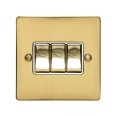 3 Gang 2 Way 10A Rocker Switch in Polished Brass Plate and Switch with White Plastic Trim, Elite Flat Plate